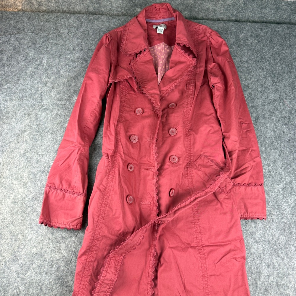 Sitwell Womens Coral Cotton Scalloped Trim Double Breasted Trench Coat Size 8